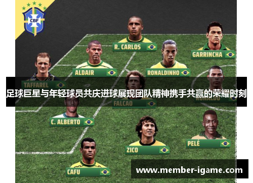 足球巨星与年轻球员共庆进球展现团队精神携手共赢的荣耀时刻