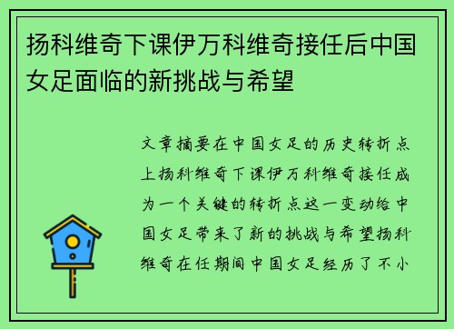 扬科维奇下课伊万科维奇接任后中国女足面临的新挑战与希望